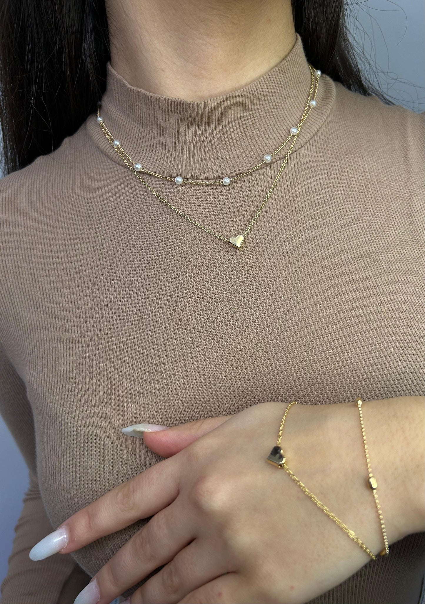 Set Dublu Brățară+Colier Aurite Cu Inimoare